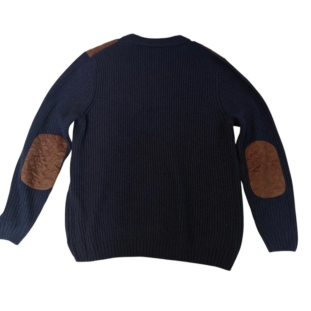 Boulder Creek Henley Sweater Mens 3XL Tall Navy Blue Suede Patch Rib Knit  1240